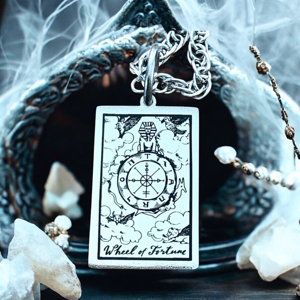 🆕 Wheel of Fortune Three Ring Tarot Card Pendant Necklace Stainless Steel